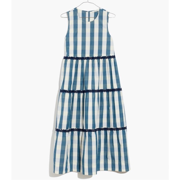 MADEWELL Rickrack Cattail Tiered Dress Sz L Blue White Gingham Check Cotton NWT - Picture 5 of 8